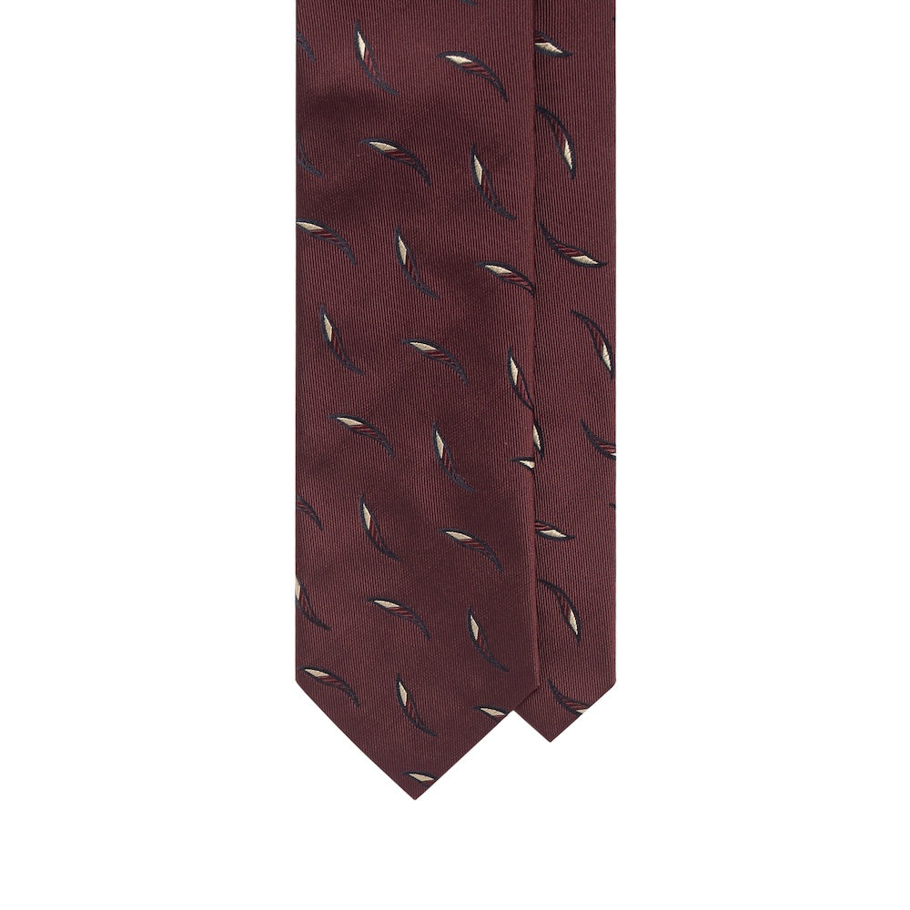 Leaf Motif Pattern Burgundy Woven Silk Tie