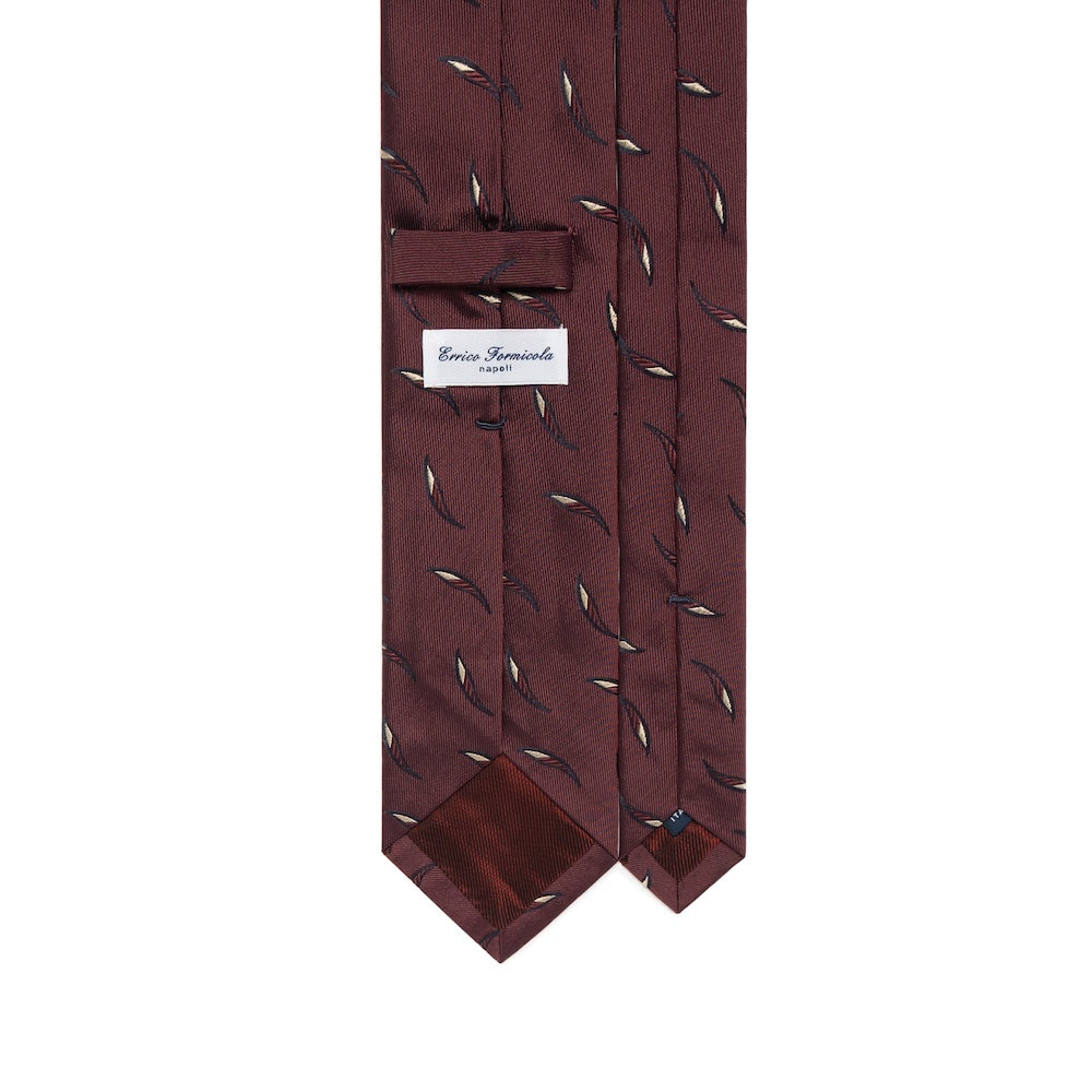 Leaf Motif Pattern Burgundy Woven Silk Tie