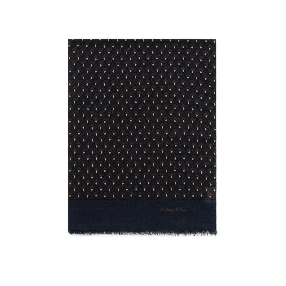 Art Deco Pattern Dark Navy &amp; Brown Wool-Silk Scarf