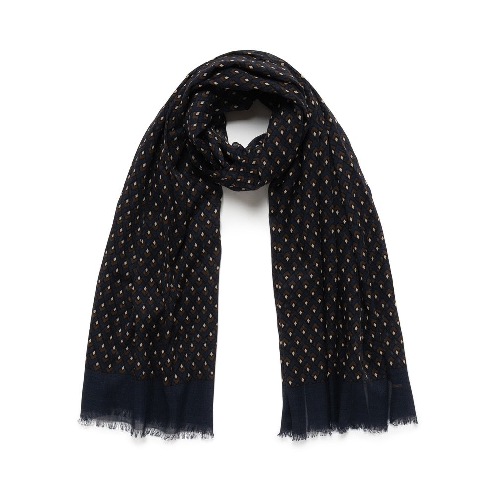 Art Deco Pattern Dark Navy &amp; Brown Wool-Silk Scarf