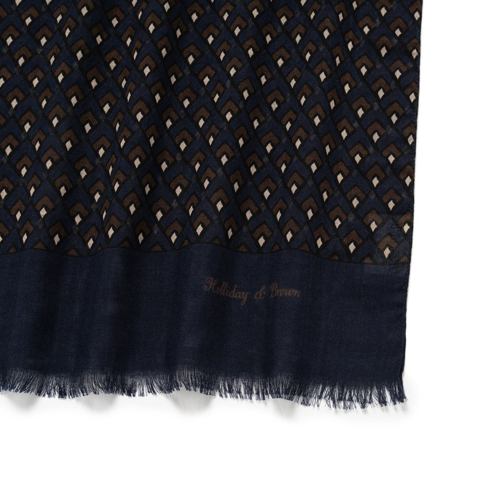 Art Deco Pattern Dark Navy &amp; Brown Wool-Silk Scarf