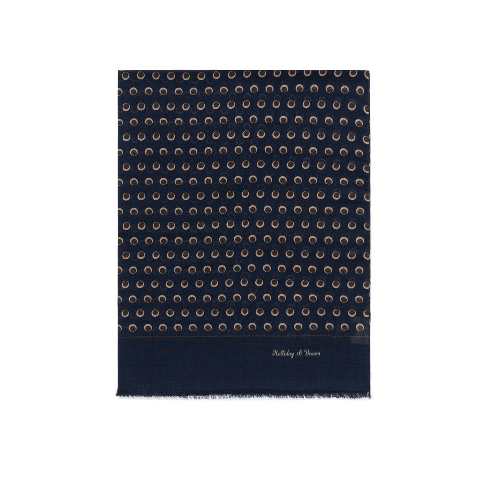 Circle Dot Pattern Classic Navy, Brown &amp; Beige Wool-Silk Scarf