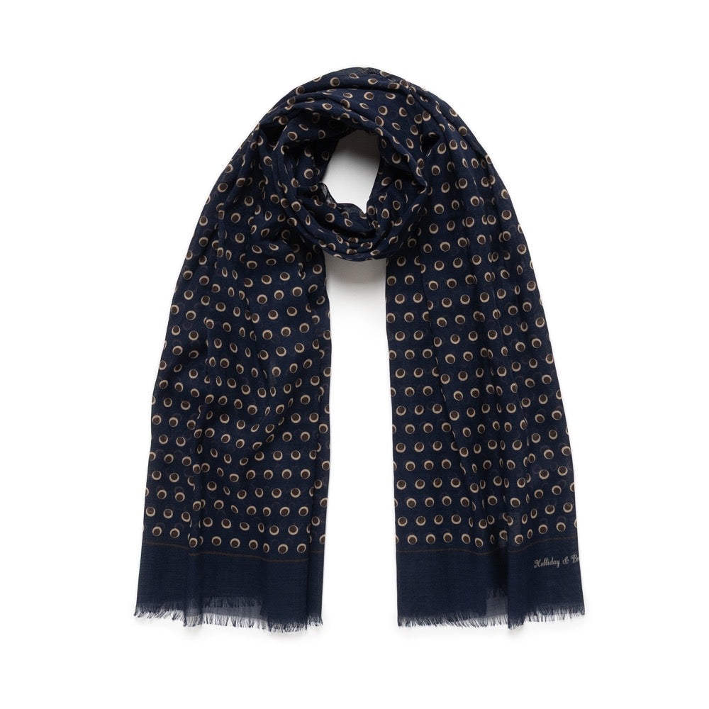 Circle Dot Pattern Classic Navy, Brown &amp; Beige Wool-Silk Scarf