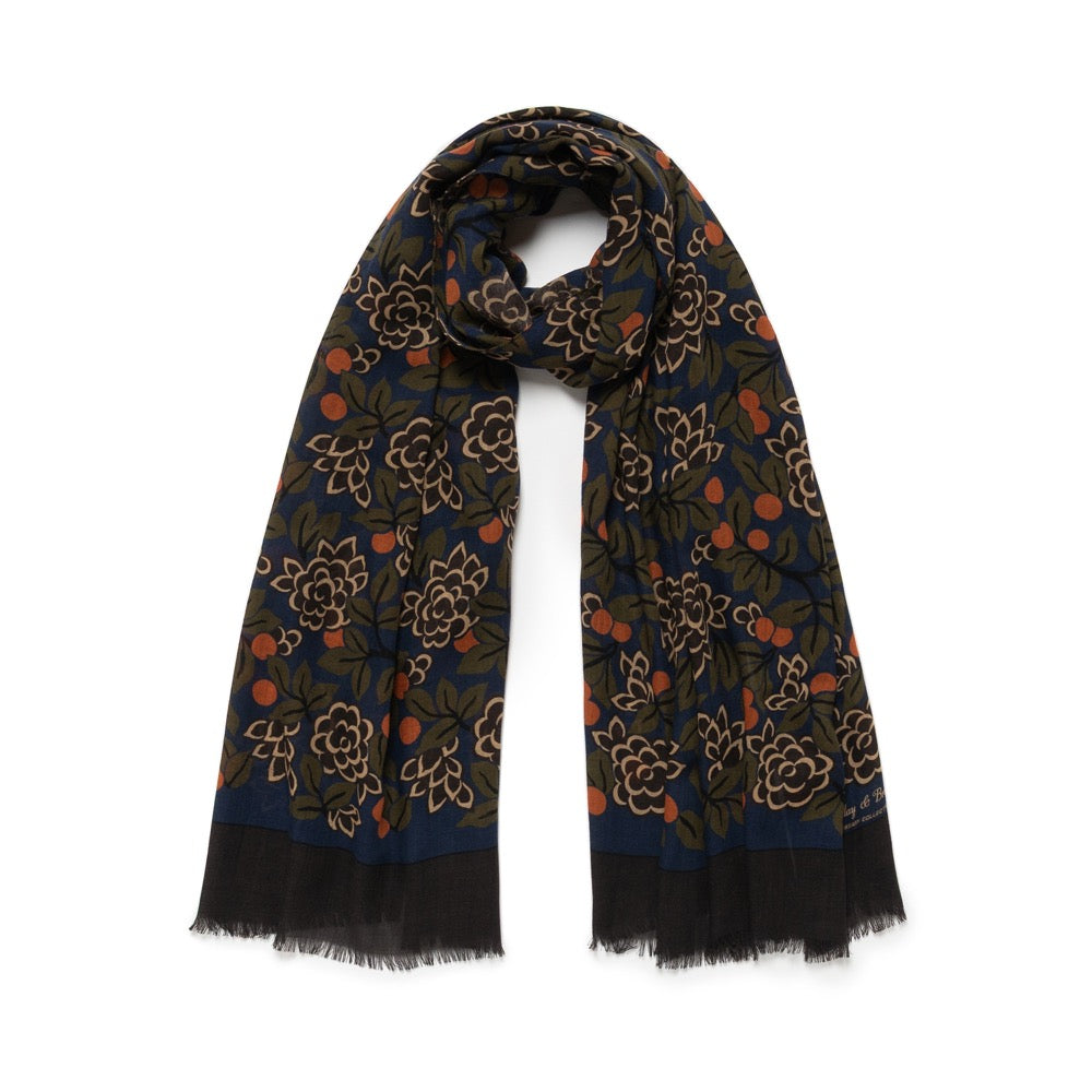 100th Anniversary Big Floral Pattern Navy, Olive Green &amp; Rust Orange Wool Scarf
