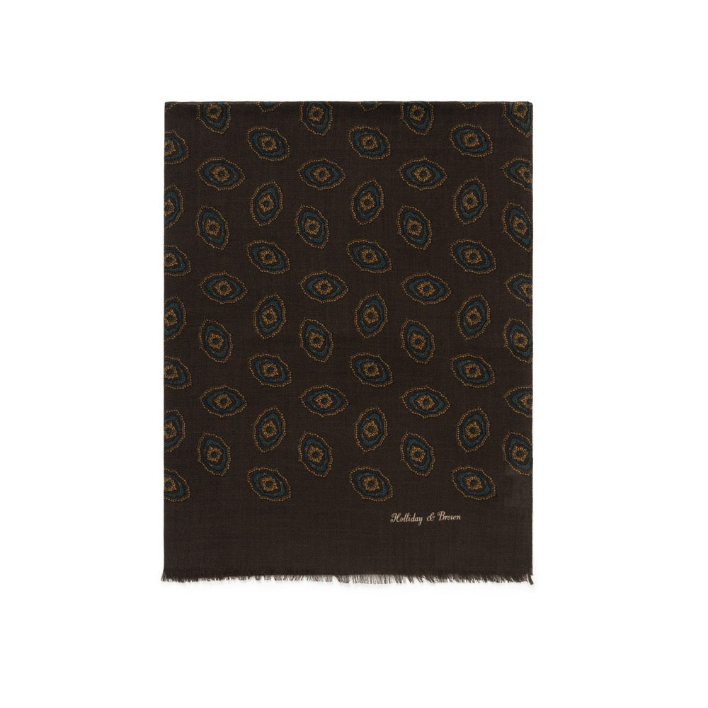 Teal Blue Medallion Pattern Espresso Brown Wool Scarf