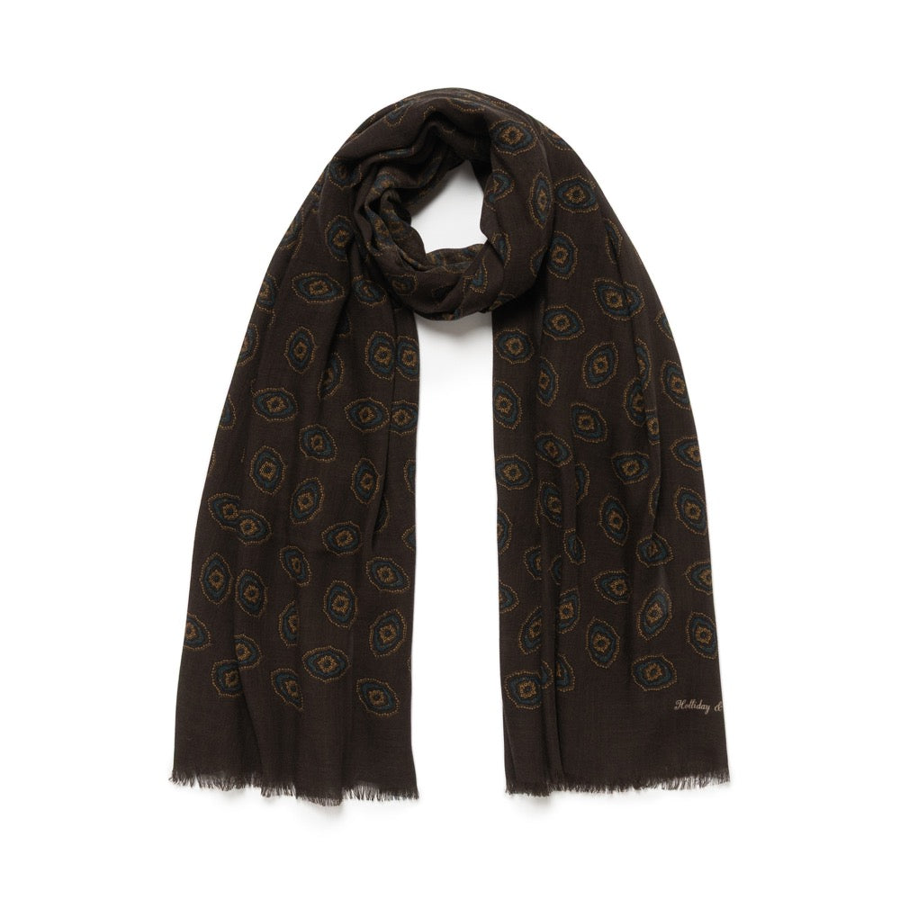 Teal Blue Medallion Pattern Espresso Brown Wool Scarf