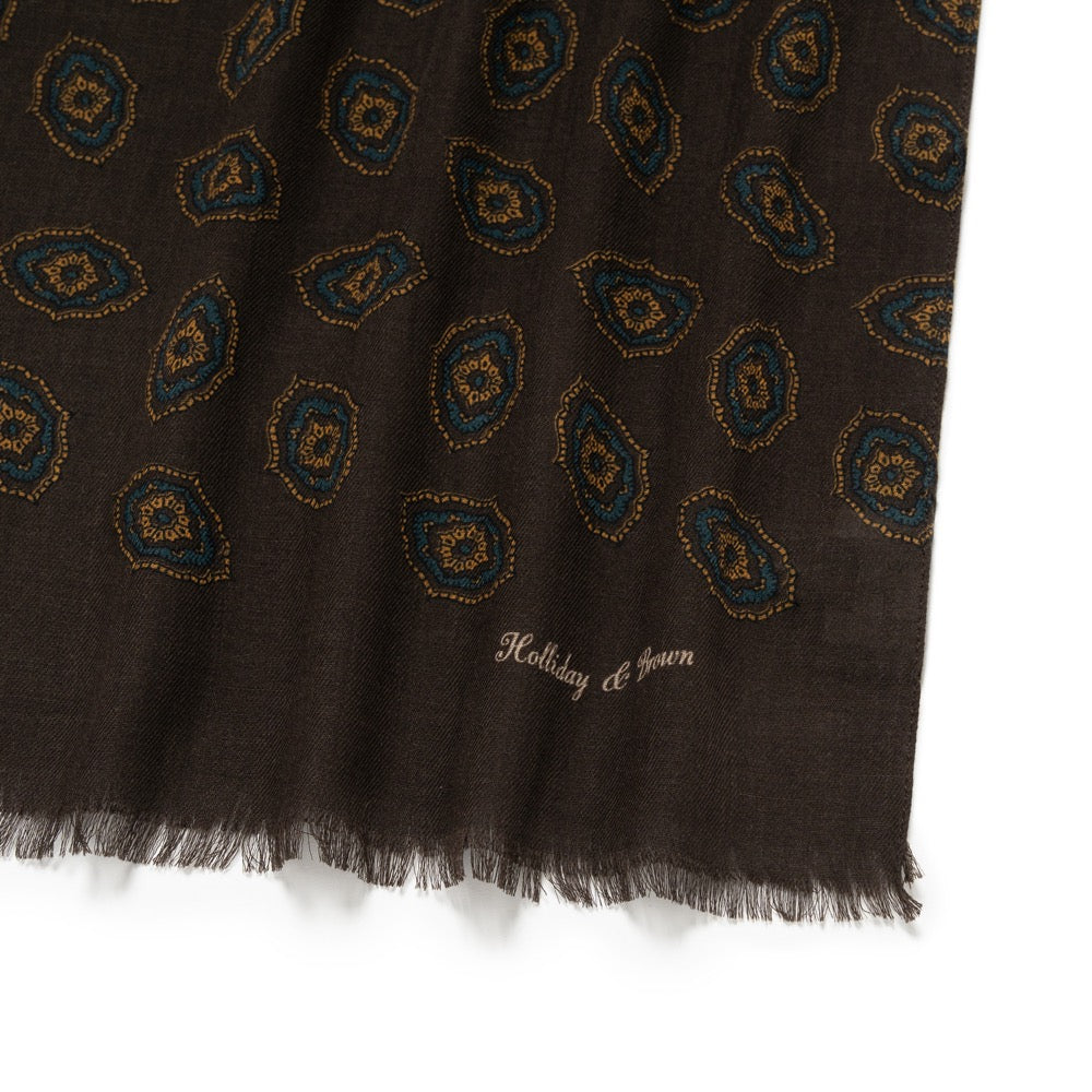 Teal Blue Medallion Pattern Espresso Brown Wool Scarf