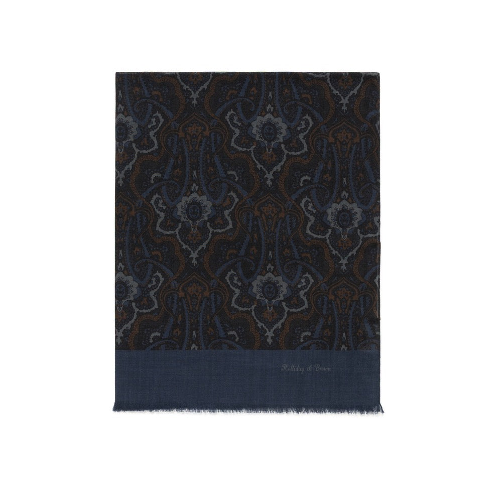 Oriental Paisley Pattern Dark Navy, Blue &amp; Brown Wool Scarf