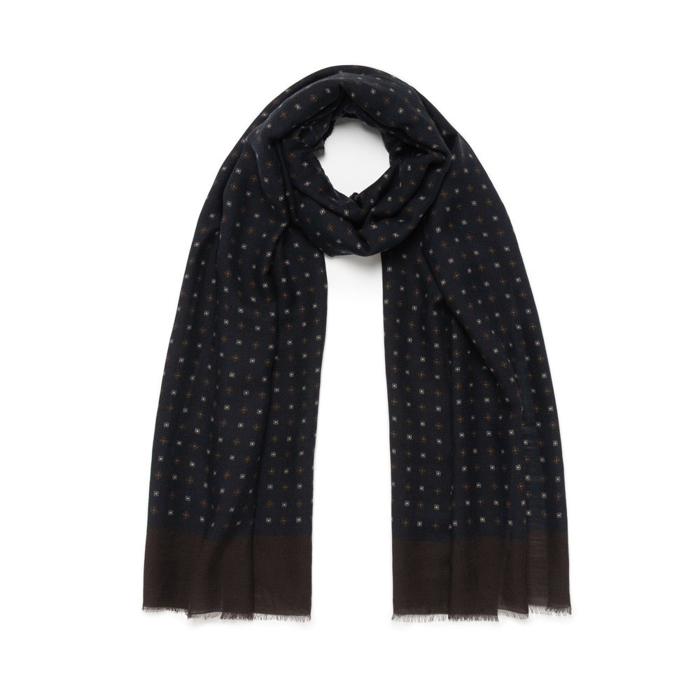 Mini Flower Square Pattern Dark Navy Wool-Modal Scarf