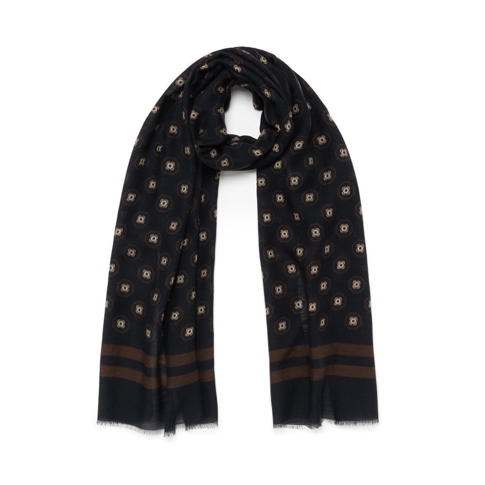 Medallion Pattern Dark Navy Wool-Modal Scarf
