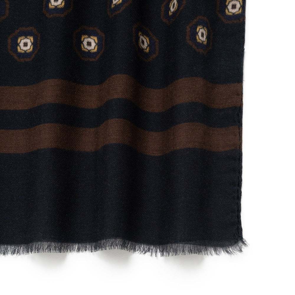 Medallion Pattern Dark Navy Wool-Modal Scarf