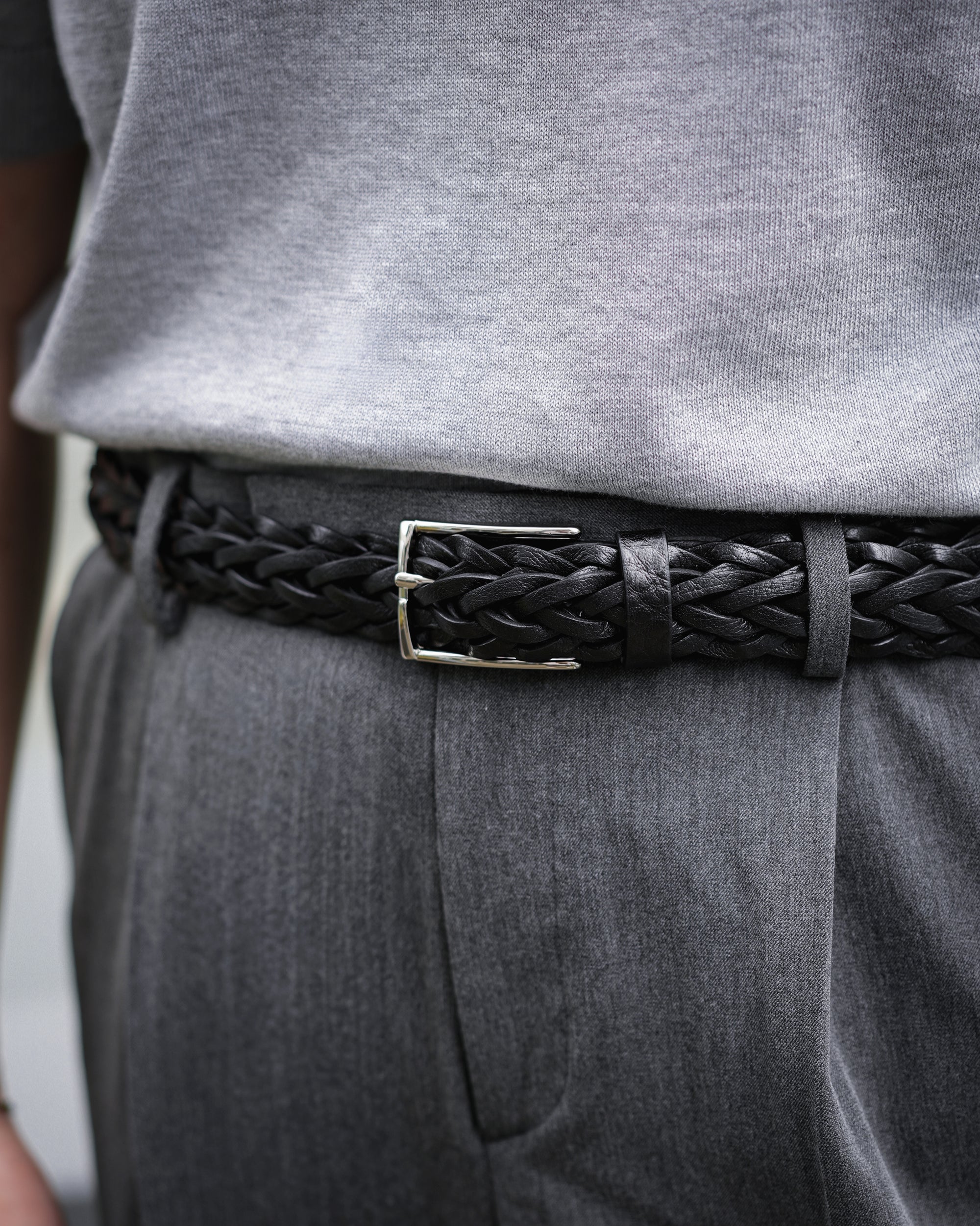 Jet Black Braided Calf Leather Square Buckle Belt