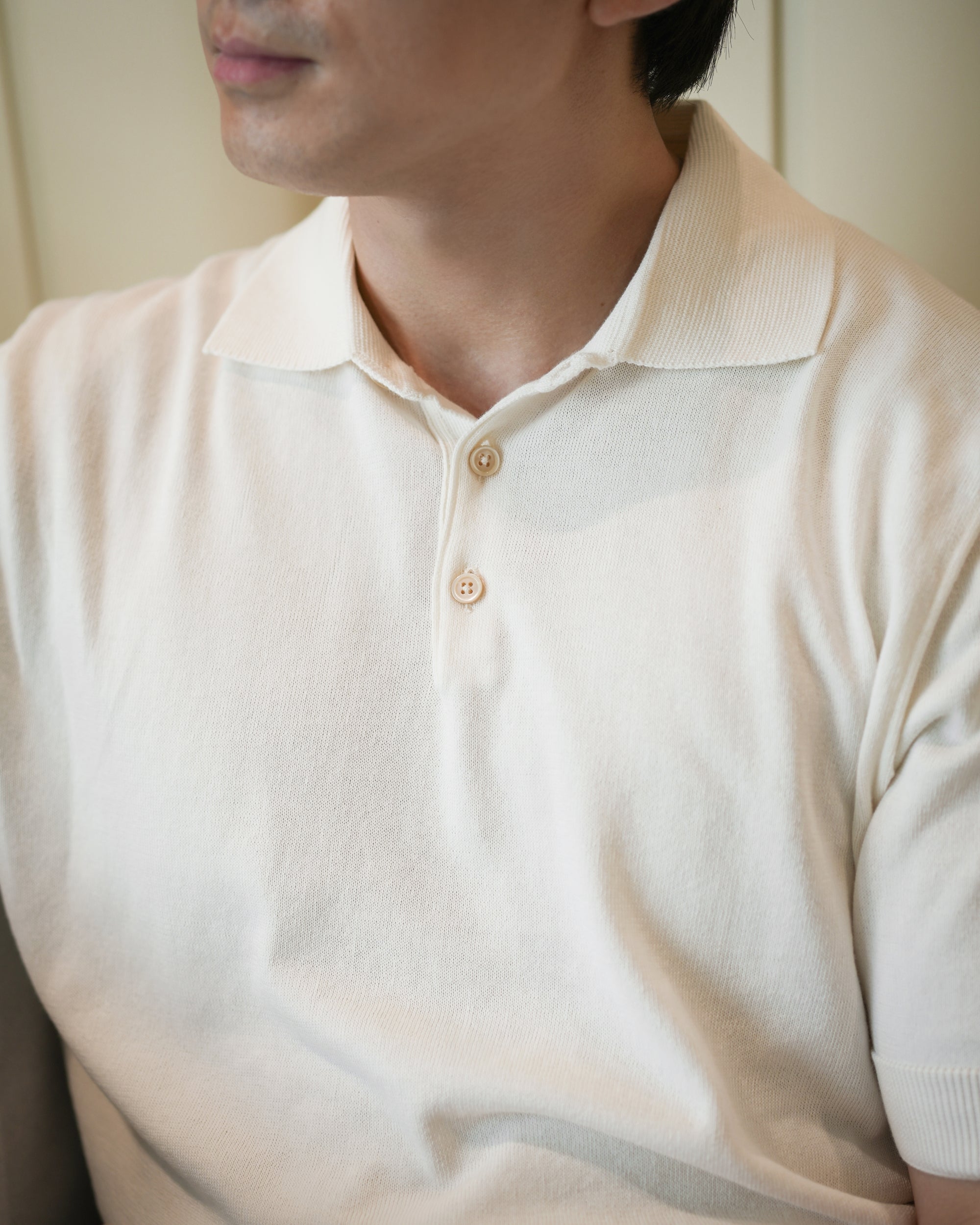 Cream White Cotton Short-Sleeve Knit Polo