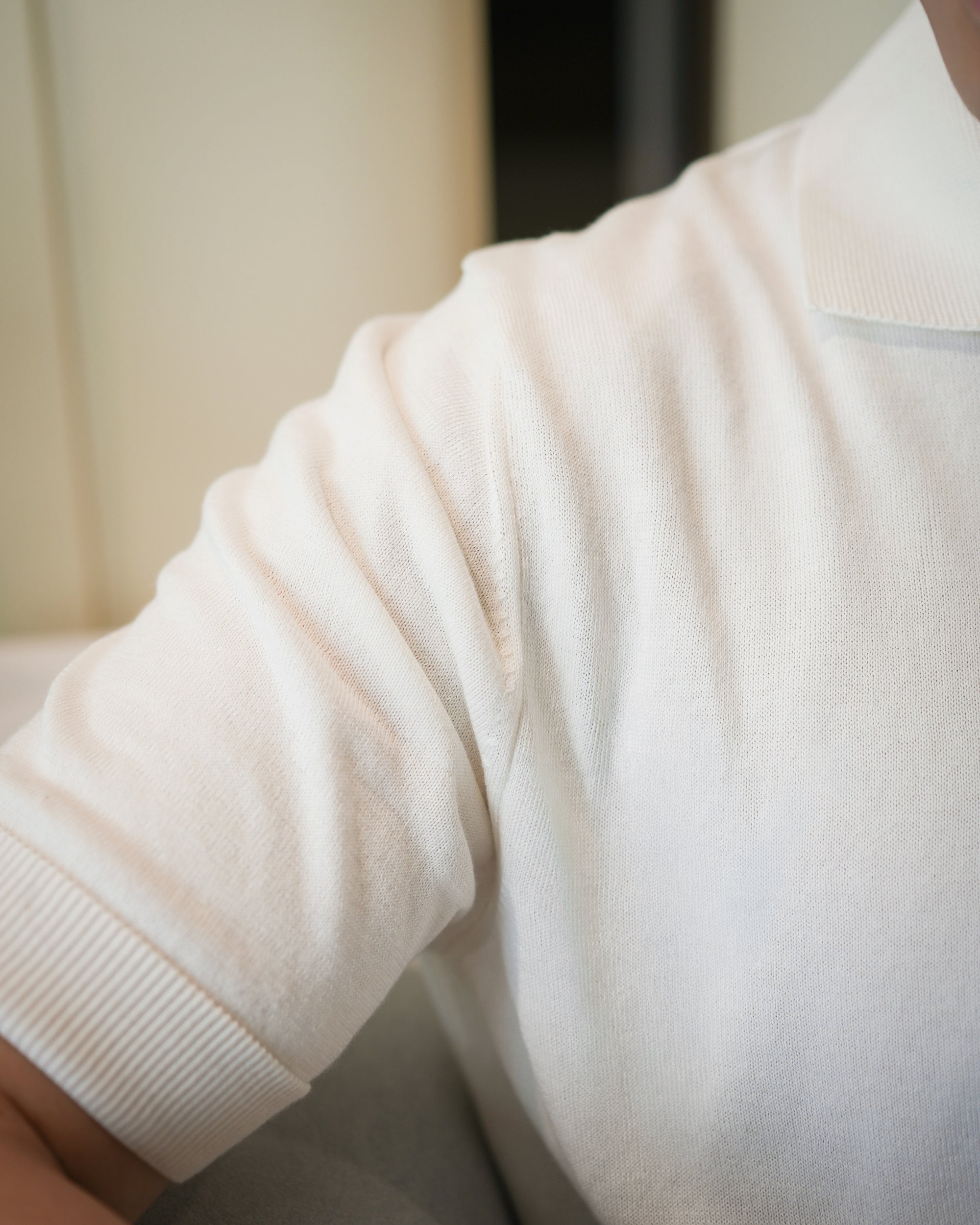 Cream White Cotton Short-Sleeve Knit Polo