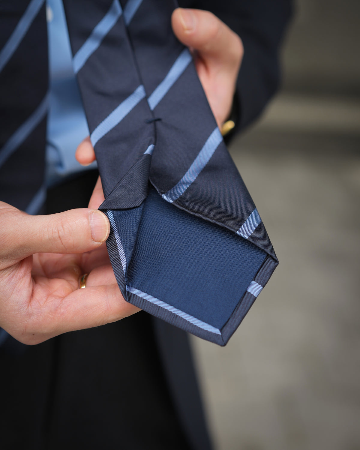 Dusty Blue Stripe Dark Navy Woven Silk Tie