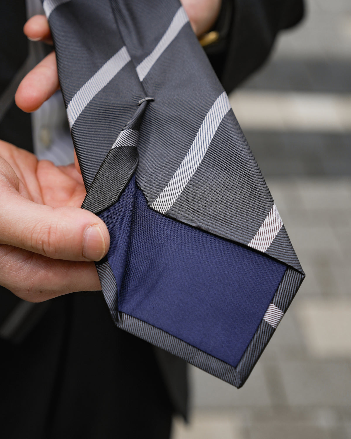 Silver Stripe Charcoal Gray Woven Silk Tie