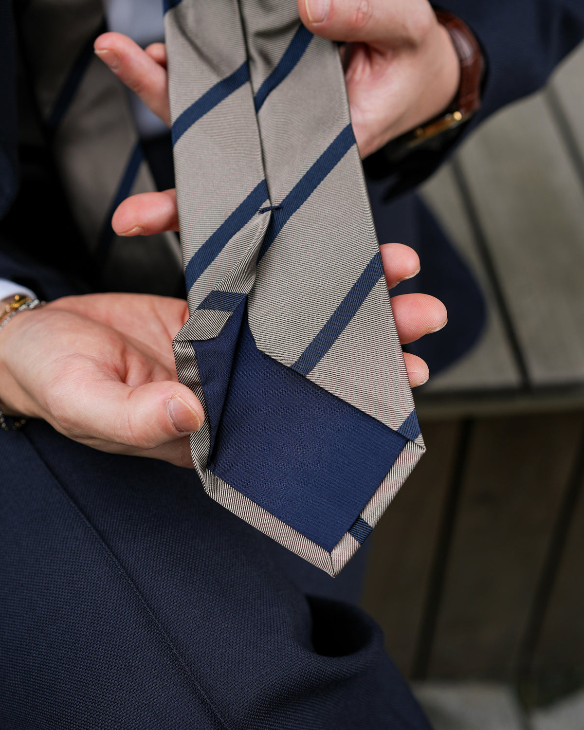 Navy Stripe Sand Beige Woven Silk Tie