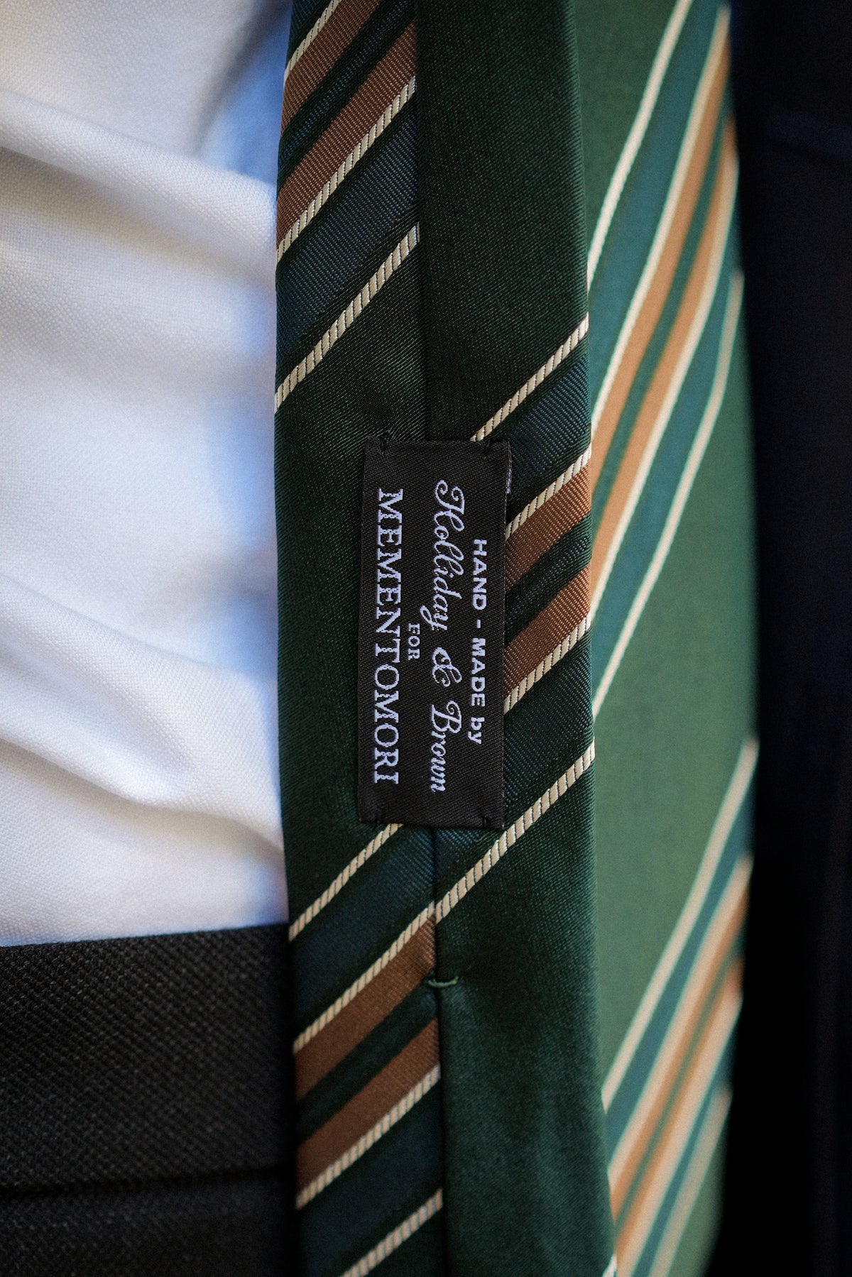 Multi-Stripe Dark Green, Teal Blue &amp; Camel Brown Woven Silk Tie
