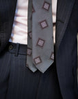 Lilac Square Medallion Pattern Charcoal Grey Woven Silk Tie