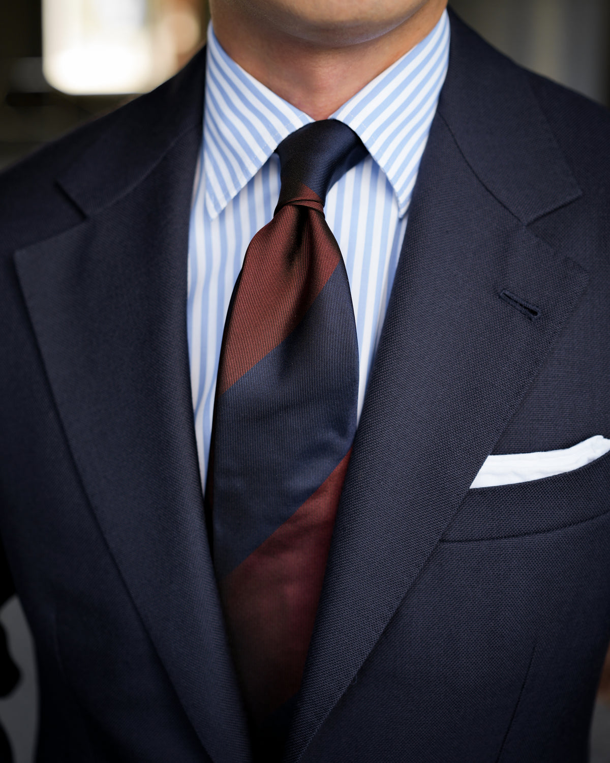 Block Stripe Rust Brown &amp; Dark Navy Woven Silk Tie