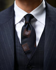 Brown Square Medallion Pattern Dark Navy Woven Silk Tie