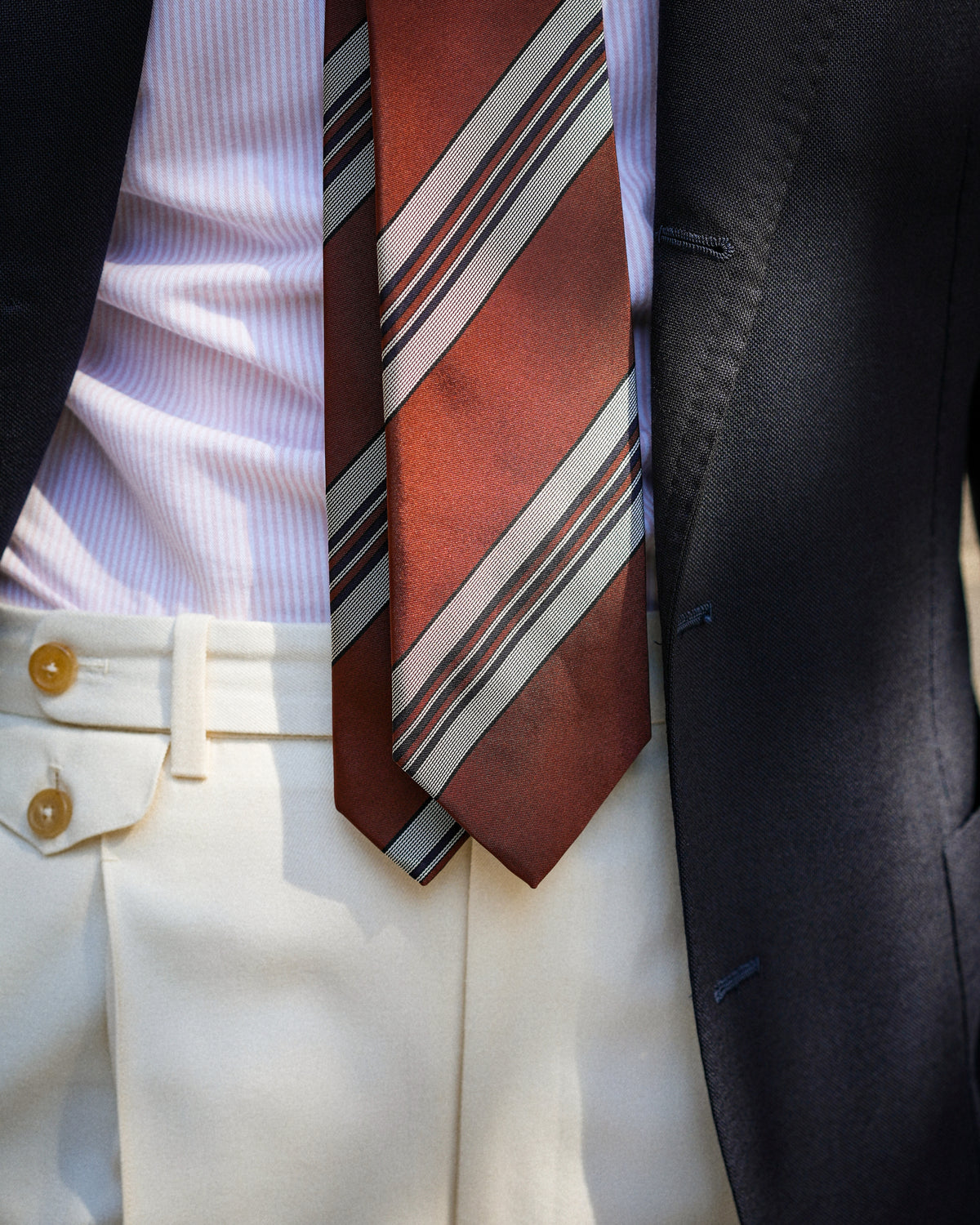 Multi-Stripe Rust Brown &amp; Silver Gray Woven Silk Tie