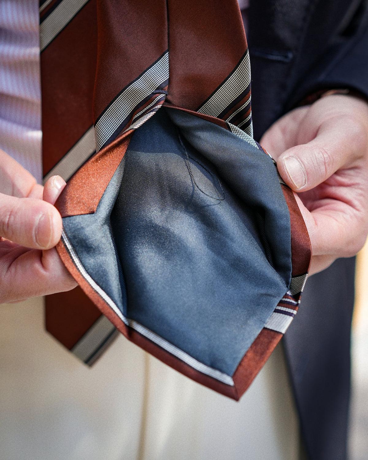 Multi-Stripe Rust Brown &amp; Silver Gray Woven Silk Tie