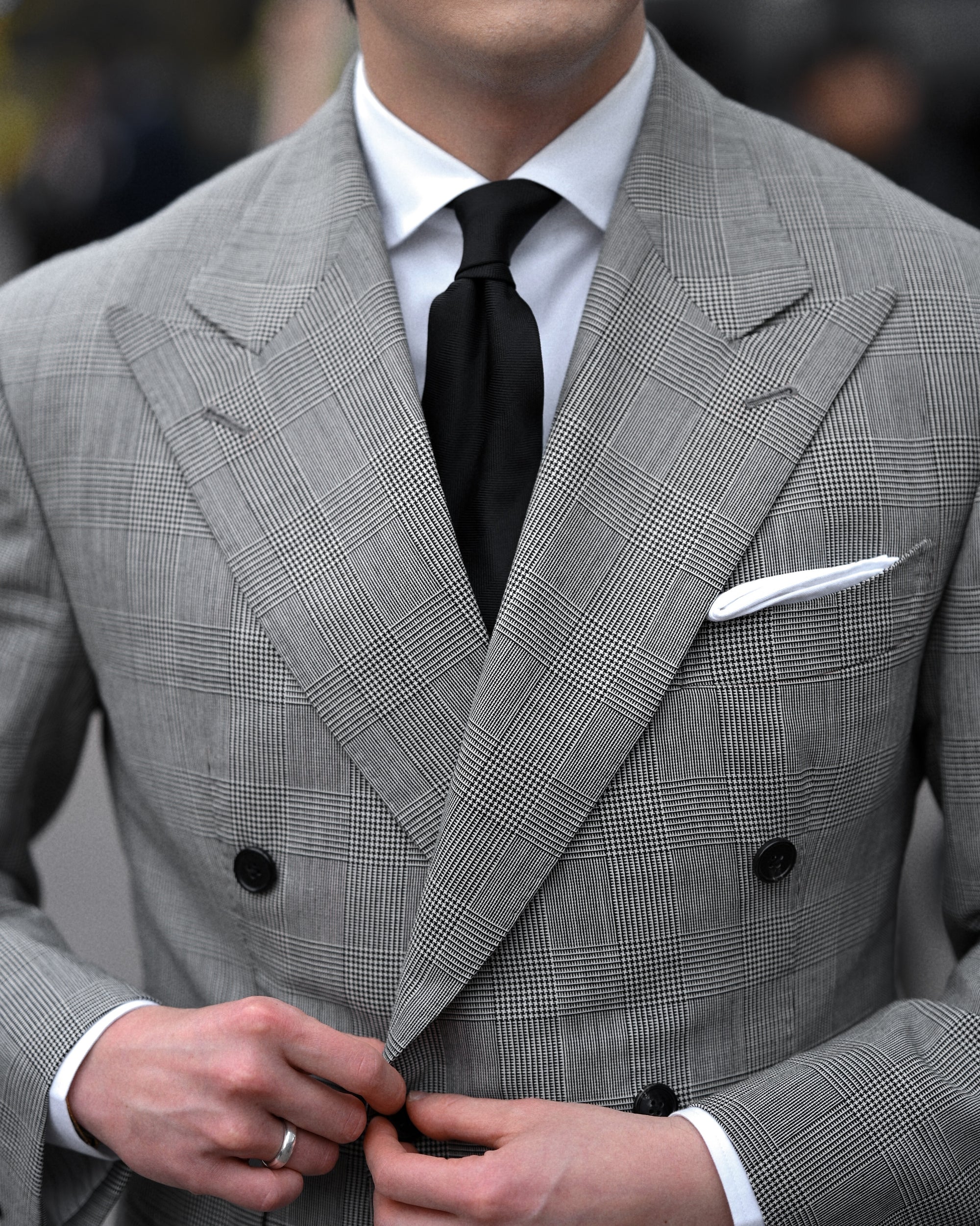 Jet Black Herringbone Pattern Woven Silk Tie