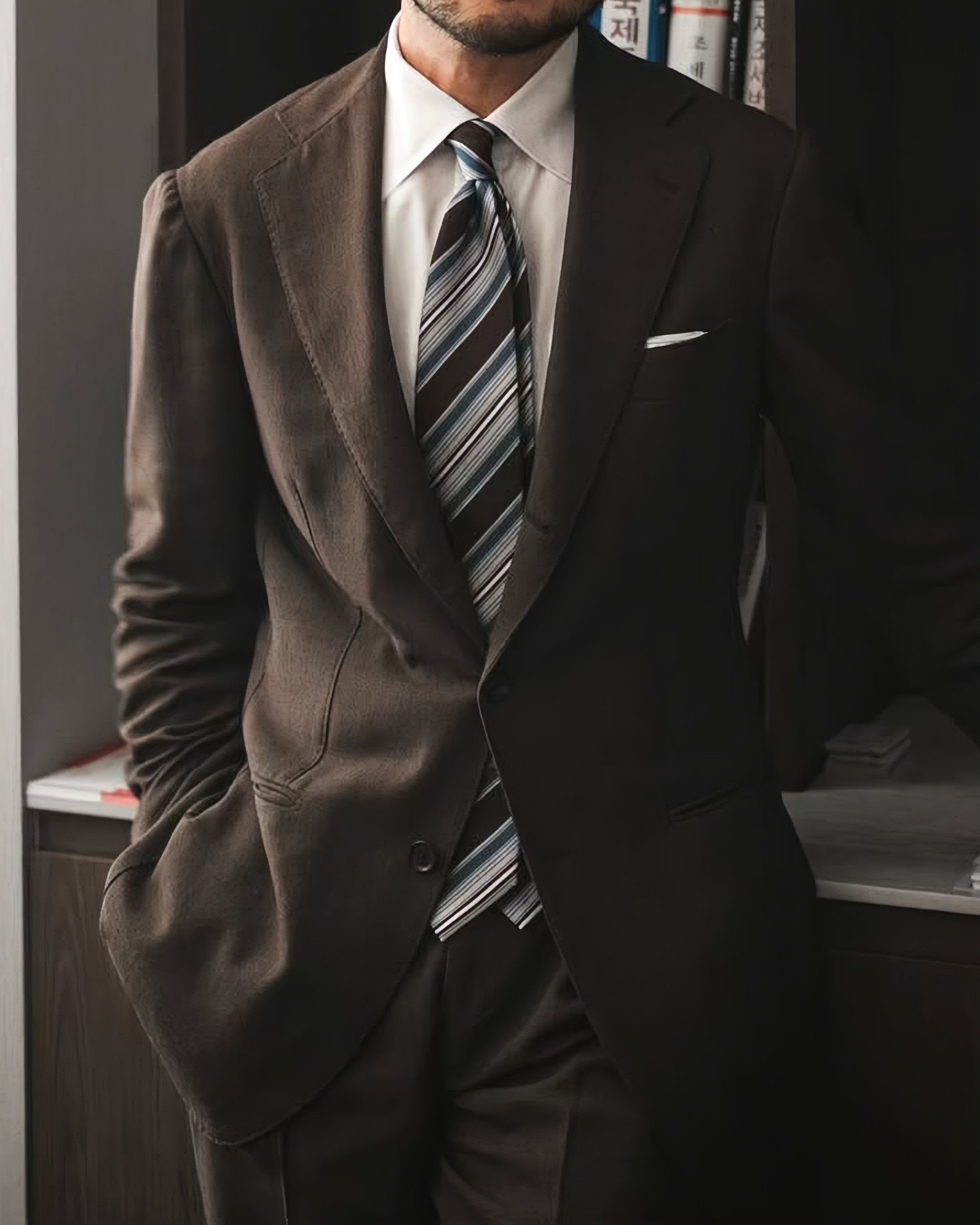 Multi Stripe Dark Brown Teal Blue Woven Silk Tie