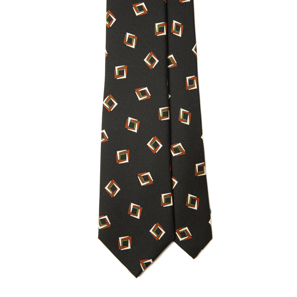 Beige Brown Rhombus Pattern Black Printed Silk Tie