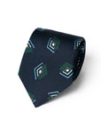 Art Deco Diamond Pattern Navy Green Woven Silk Tie