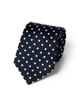 White Polka Dot Pattern Dark Navy Printed Twill Silk Tie