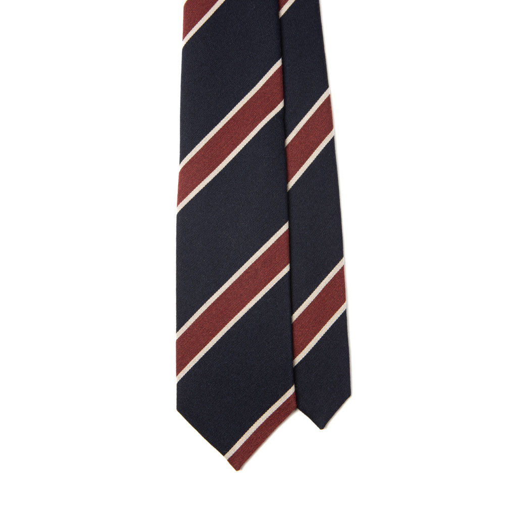 White Line Stripe Dark Navy Red Woven Wool Silk Tie