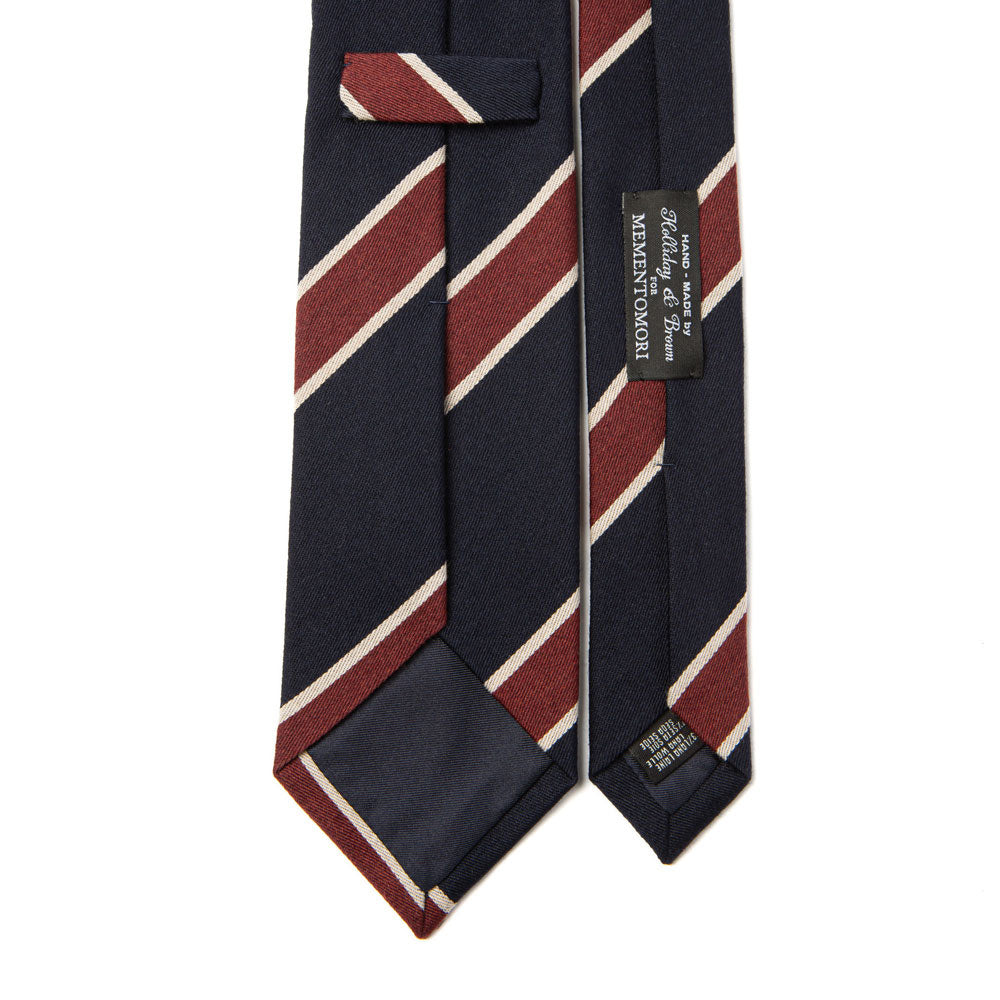 White Line Stripe Dark Navy Red Woven Wool Silk Tie