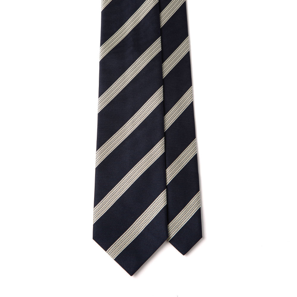 White Triple Rope Stripe Dark Navy Woven Silk Tie