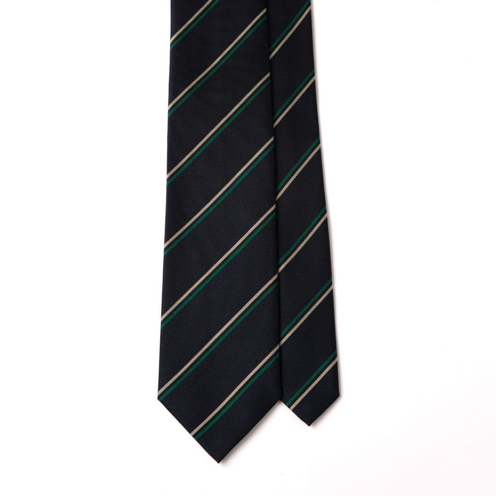 Beige Green Double Stripe Dark Navy Woven Silk Tie