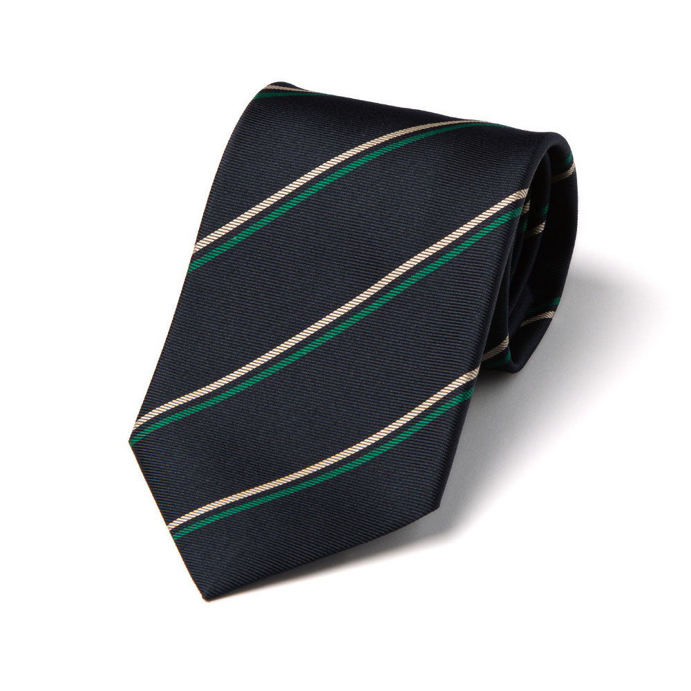 Beige Green Double Stripe Dark Navy Woven Silk Tie