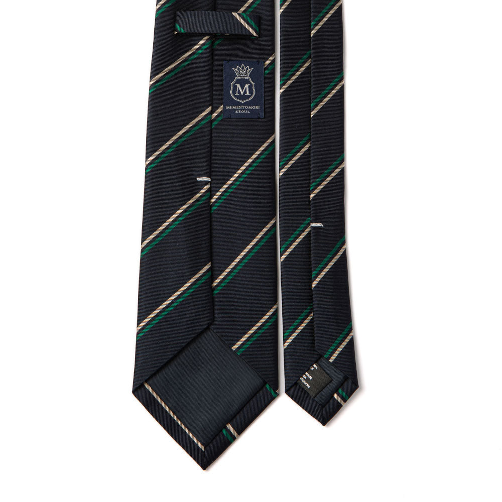 Beige Green Double Stripe Dark Navy Woven Silk Tie