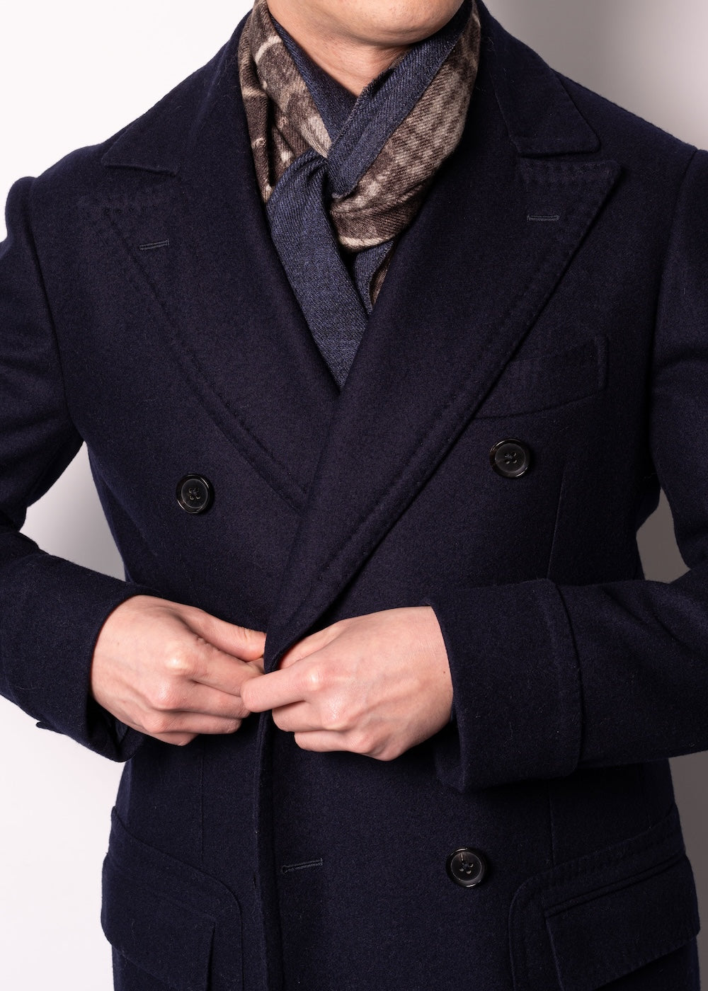 Cappuccino Brown Check Pattern &amp; Indigo Blue Solid Double Face Wool Scarf