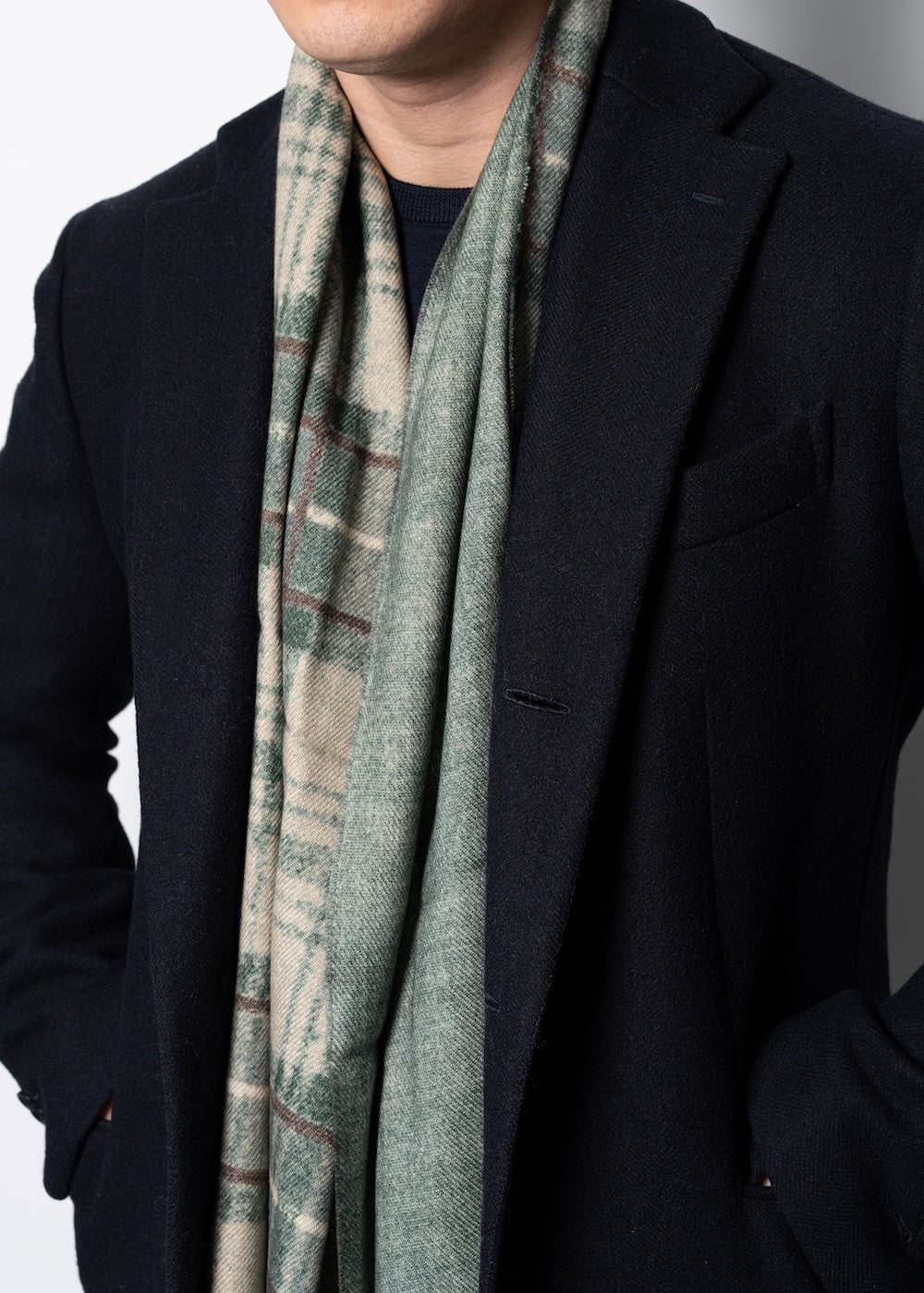 Sage Green Check Pattern &amp; Solid Double Face Wool Scarf