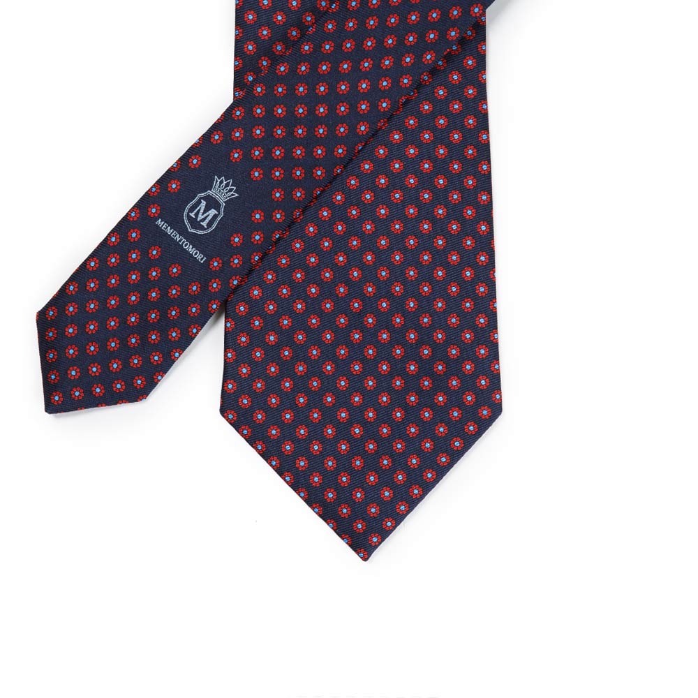 Hand Printed Petit Flower Navy Burgundy Silk Tie